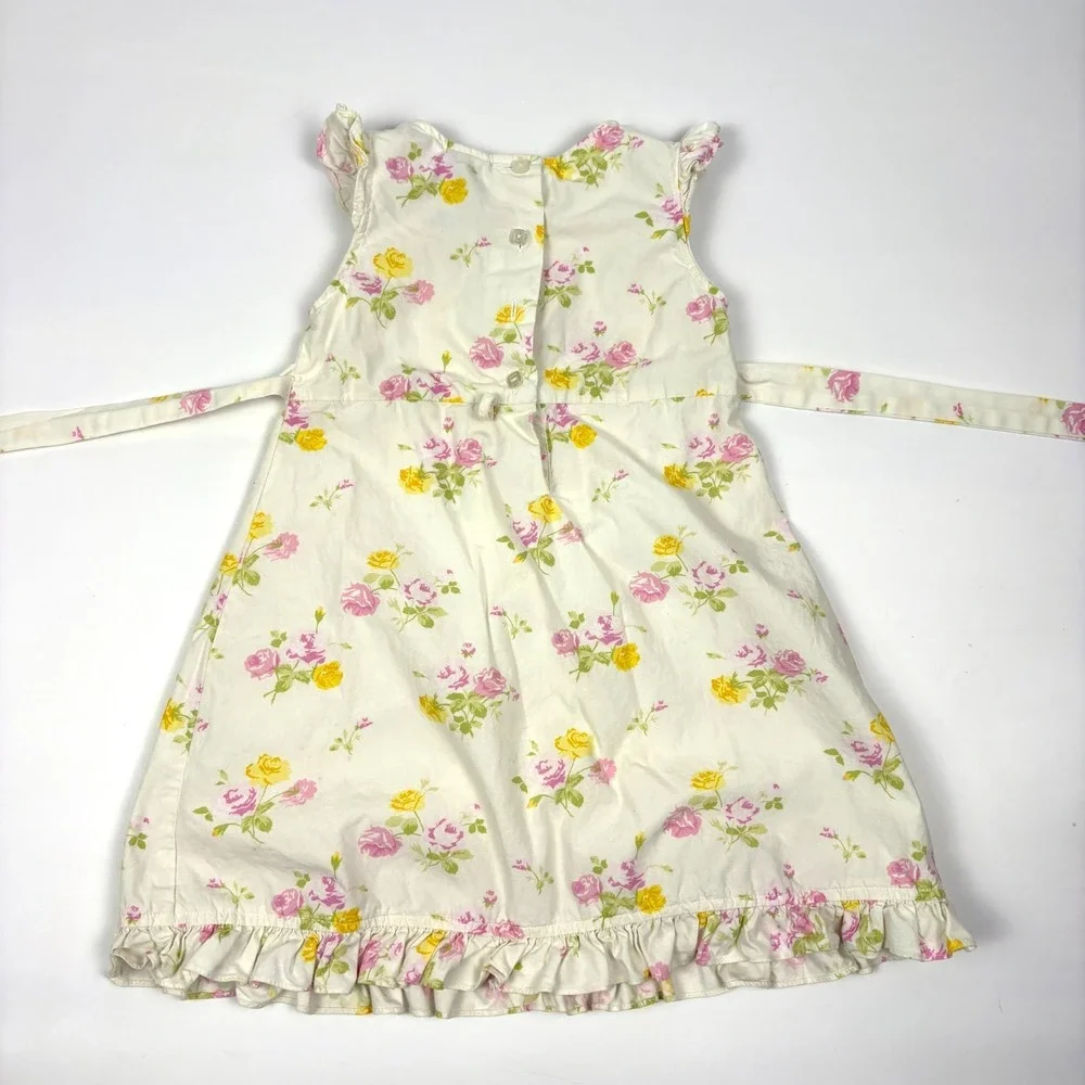 VTG Laura Ashley Floral Tie Back Dress Girls Sz 3T White Pink Cottage‎ Garden